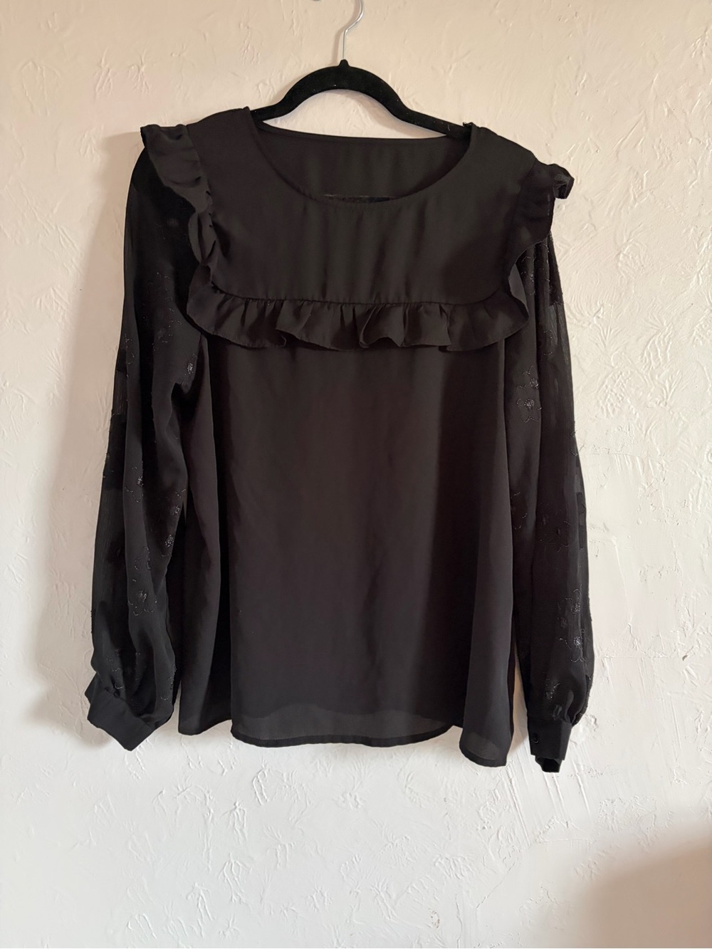 Black Chiffon Ruffled Yoke Blouse Sheer Floral Embroidered Long Sleeves Size L